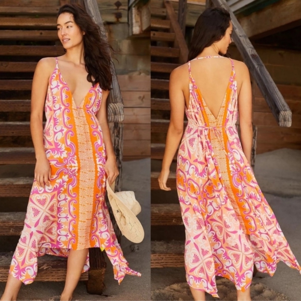 Anthropologie Beach Maxi Dress - Abstract Pink & Orange - Size XS